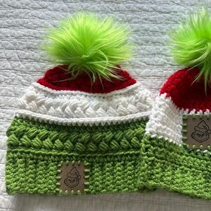 Festive Green and Red Kids Pom-Pom Beanie